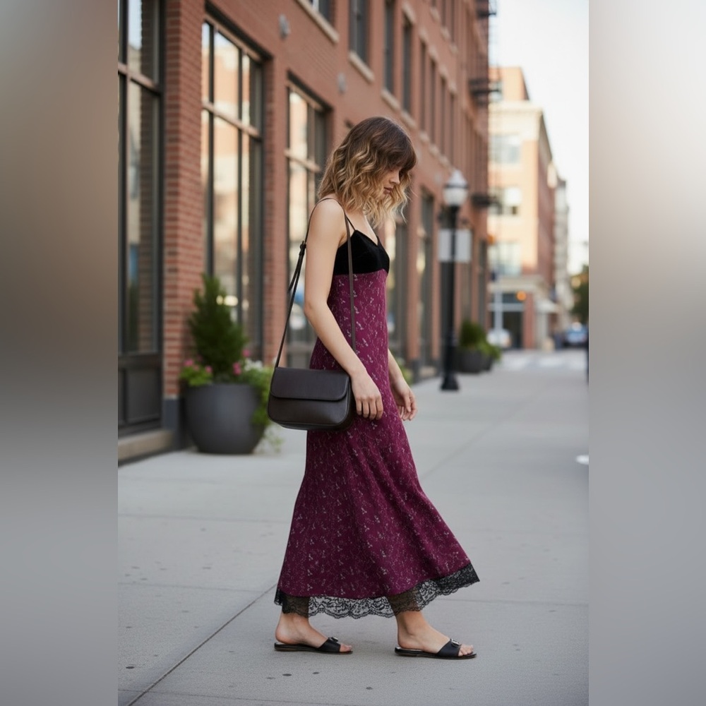 90’s Steppin' Out Burgundy Black Floral Metallic Lace Fitted Maxi Grunge Dress - Picture 4 of 10